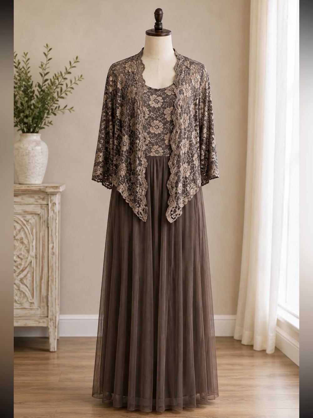 Candalite classy tulle Medium dress brown Sequins lace high low jacket wedding